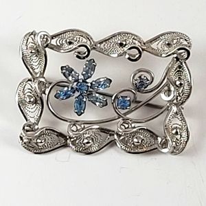 Vintage Am Lee Sterling Rect. Brooch Filigree Design Blue Rhinestones